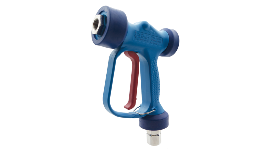 Lagedrukpistool RB65 met swivel en aansluiting voor spuitlans Messing Viton afdichting, gezien van voren