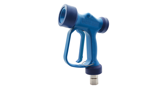 Lagedrukpistool RB65 met swivel Blauw Messing Viton afdichting, gezien van voren