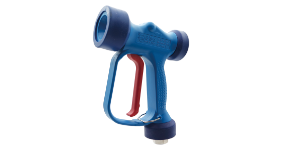 Lagedrukpistool RB65 Blauw Messing Viton afdichting, gezien van voren