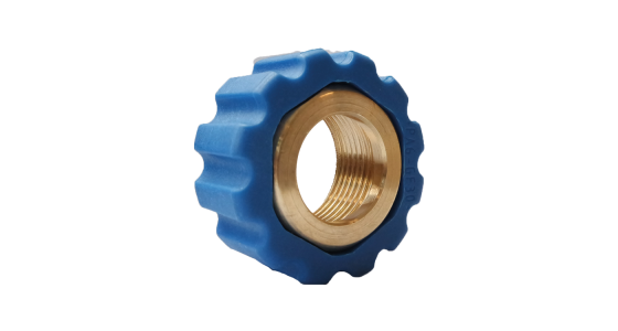 Wartelmoer voor persnippel M22x1,5 vlak Messing Blauw, gezien van voren