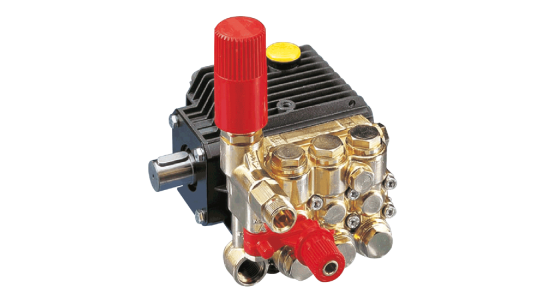 Interpump WW906CVHL Plunjerpomp met holle as 3/4" en flens voor benzinemotor SAE J 609 A drukreg, gezien van voren