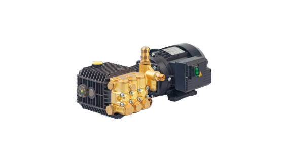 Interpump M51062F Misting pomp/motorset met flexibele koppeling en flens Messing pompkop, gezien van voren