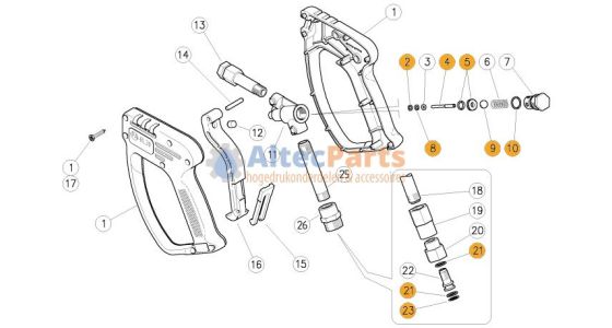 RL30 Revisieset voor pistool met swivel 8 delig, gezien van voren
